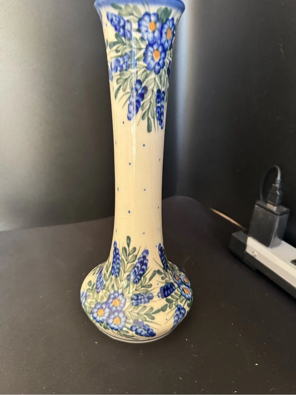 Vintage WR Unikat Polish Pottery Vase Tall Blue Floral Crazing